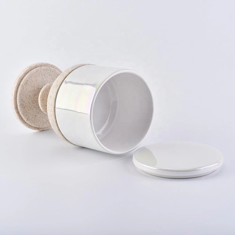 Iridescent Ceramic Candle Holder with Lid and Resin Base Home Decoration Pieces