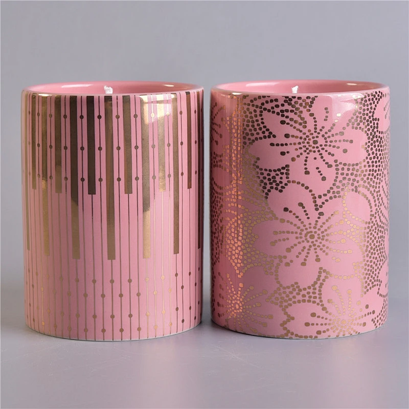 Sunny Glassware design pink gold printing jars decorative ceramic candle vessel wholesales