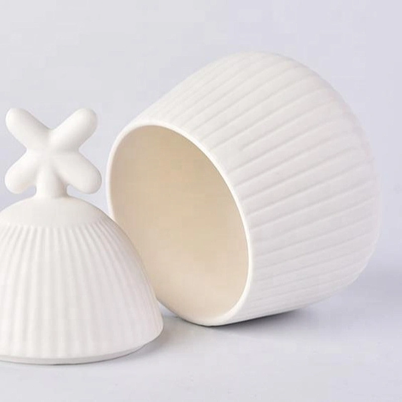 Matte White Stripes Ceramic Candle Holder with Lid Home Decoration Pieces