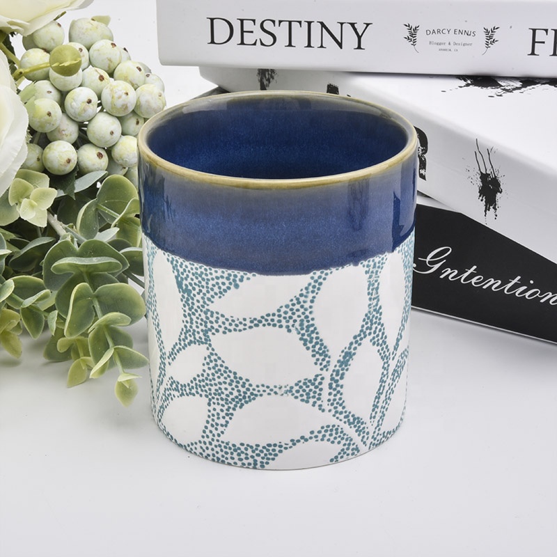 Blue cylinder flower ceramic candle jar tea light candle holders home decoration
