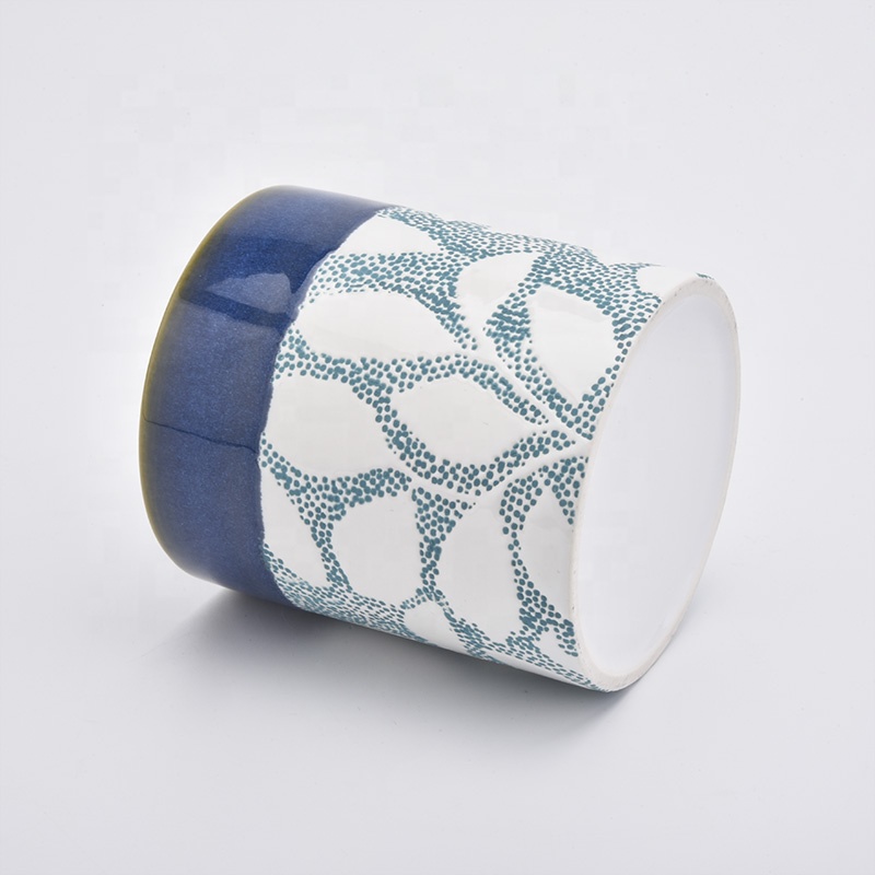 Blue cylinder flower ceramic candle jar tea light candle holders home decoration