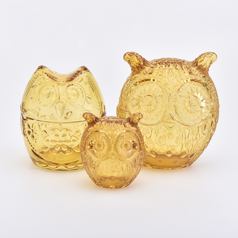 Small owl shape glass candle jar yellow home decoration