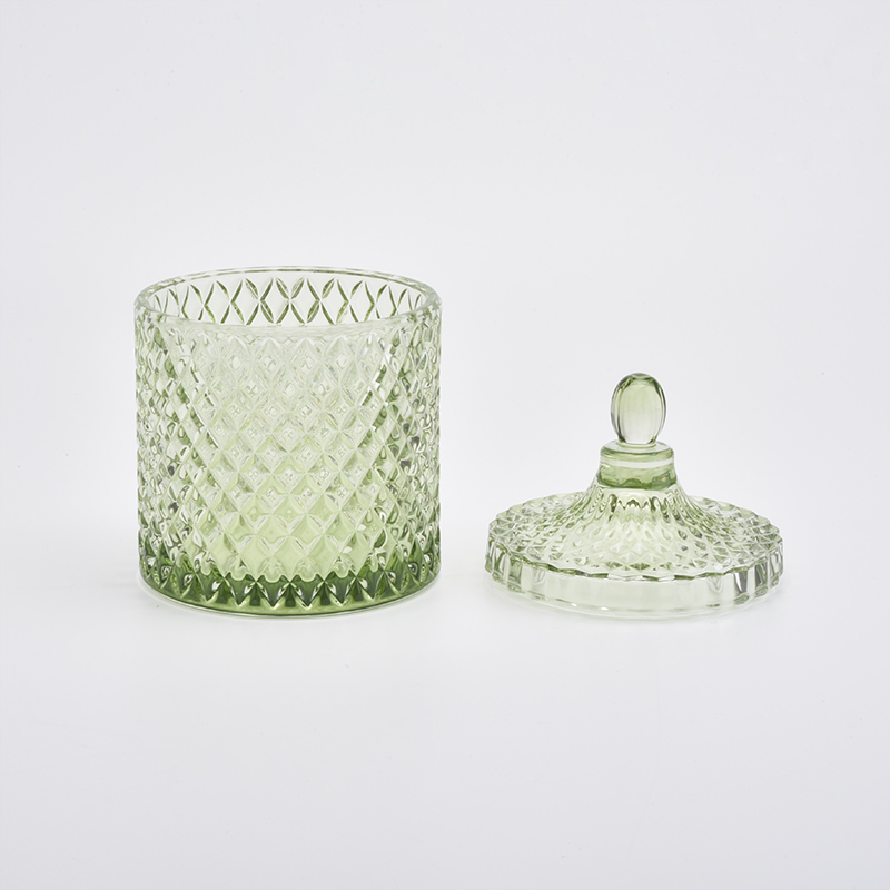 Green Diamond Glass Candle Jars with Glass Lids Home Decor Wholesales