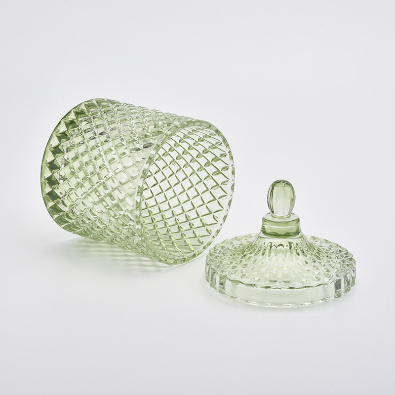 Green Diamond Glass Candle Jars with Glass Lids Home Decor Wholesales