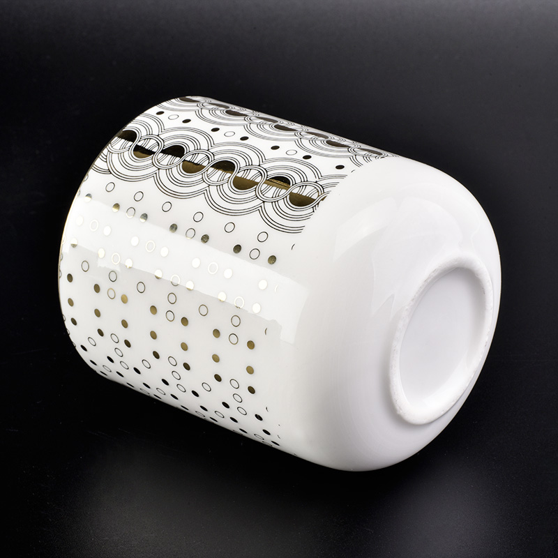 glossy white ceramic candle jars with gold printing