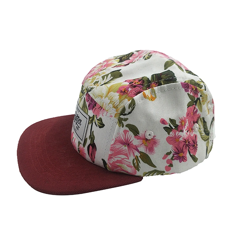 Fashion Floral Embroidery Logo Flat Bill Men 5 Panel Snapback Fitted Cap Hat