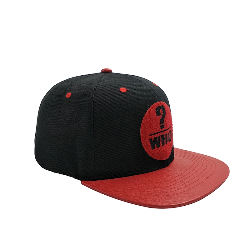 PU Leather Flat Brim Snap Back Males Cap with Applique Embroidery Logo
