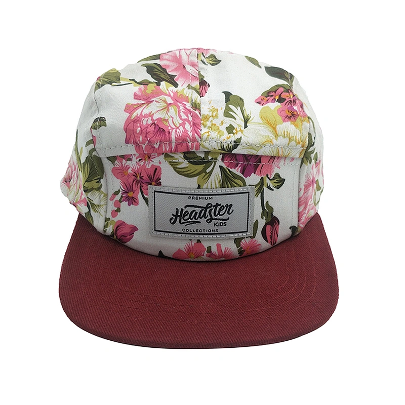 Fashion Floral Embroidery Logo Flat Bill Men 5 Panel Snapback Fitted Cap Hat