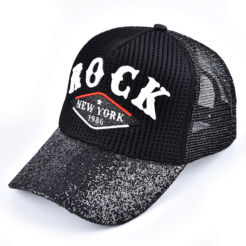 Guangzhou Sequins Custom Logo 5 Panel Gorras mesh trucker cap