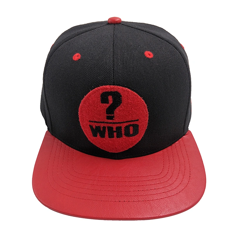 PU Leather Flat Brim Snap Back Males Cap with Applique Embroidery Logo