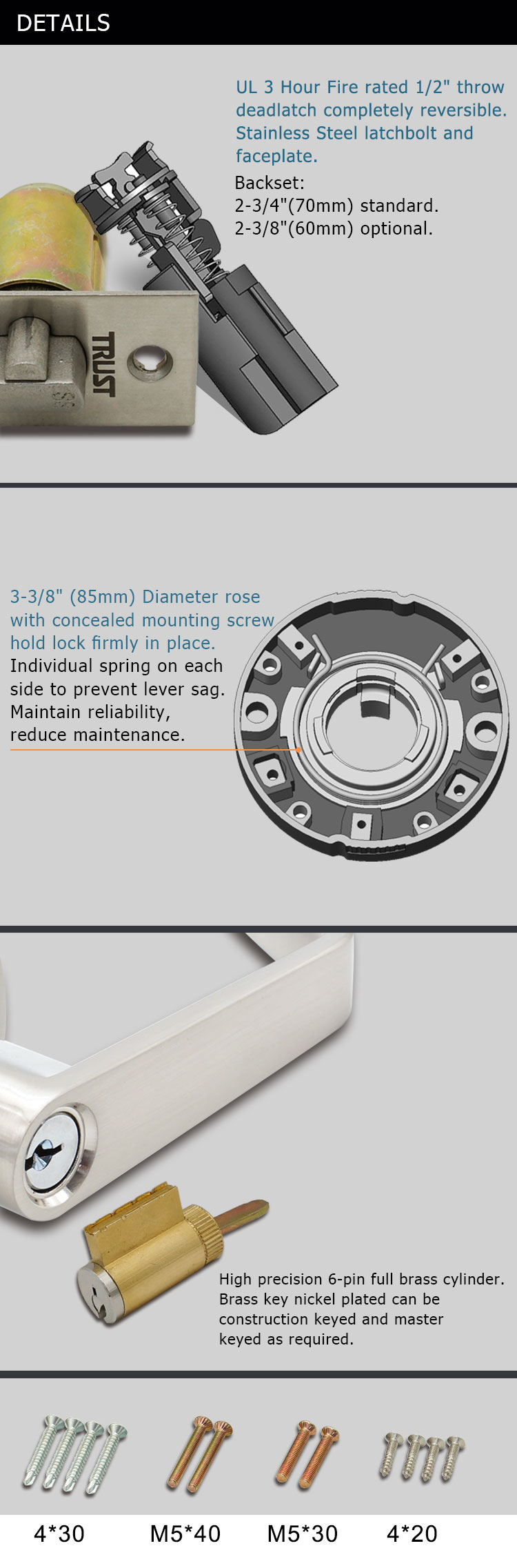 Trust 4571-SN Commercial Door Lock Grade 2 Cylindrical Entrance Clutch Function Lever Handle