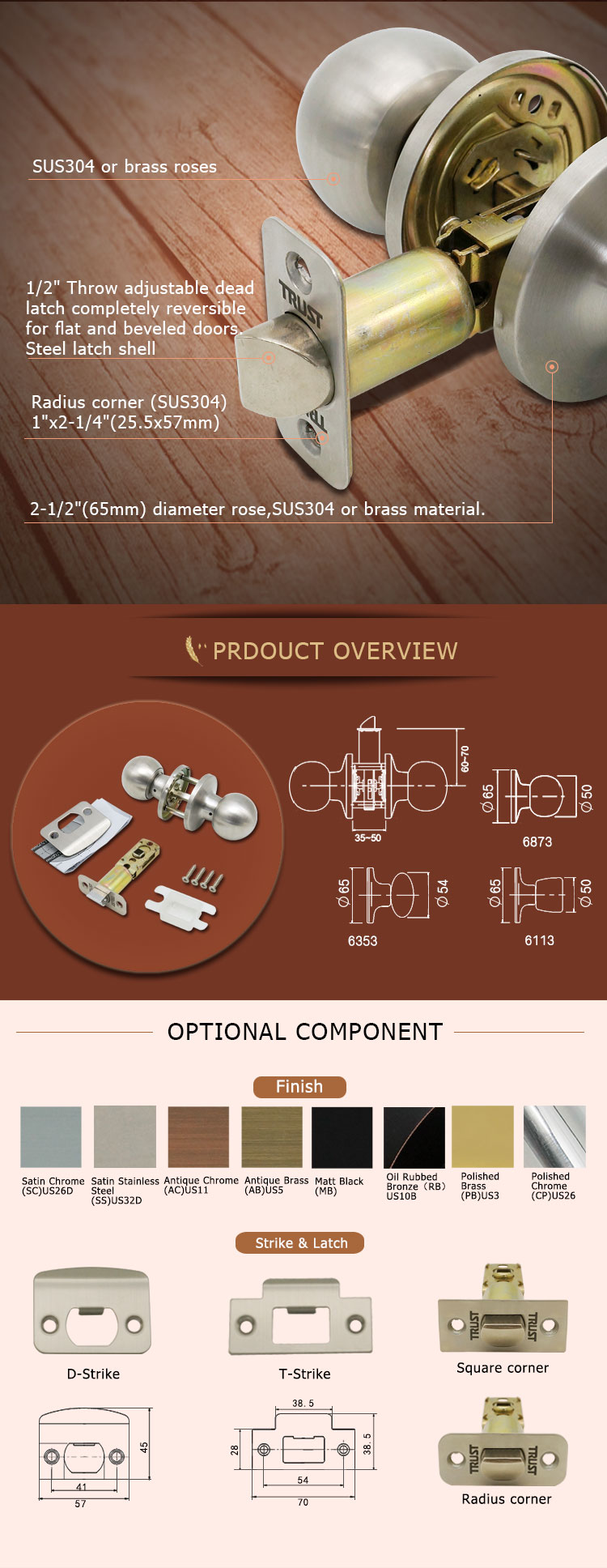 TRUST 6873-SS American style Tubular Knob Door Lock ANSI Grade 3 Keyed Entry Round Knob Lock