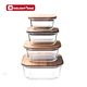 Oven safe glass food storage box with acacia lid