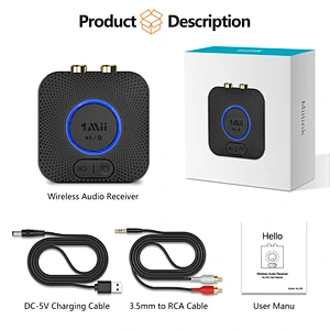 Rechargeable Bluetooth 5.0 Audio Receiver for Stereo Speakers, RCA Wireless Audio Adapter APTX LL