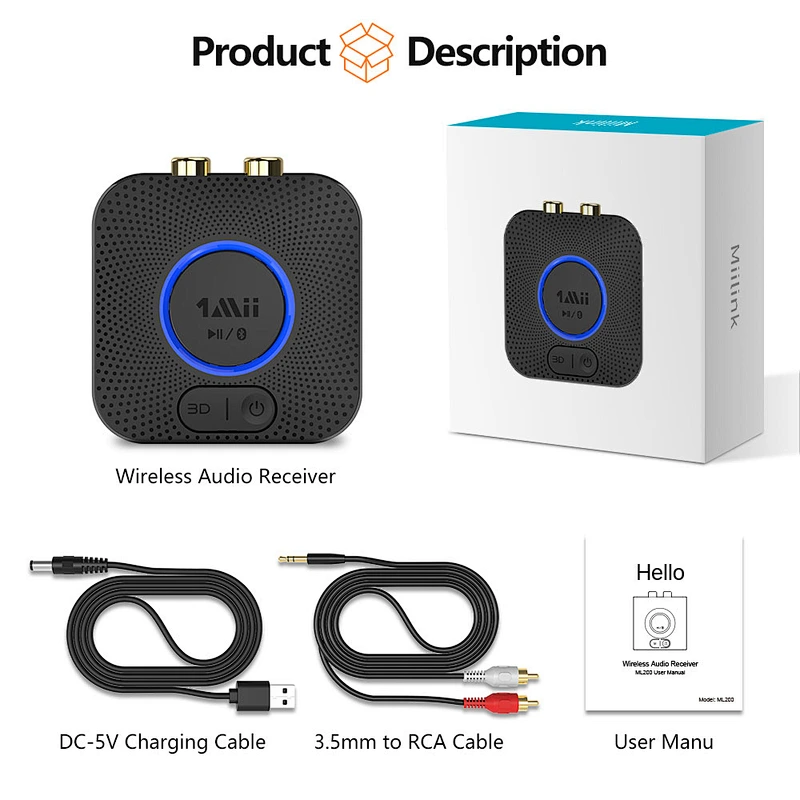 Rechargeable Bluetooth 5.0 Audio Receiver for Stereo Speakers, RCA Wireless Audio Adapter APTX LL