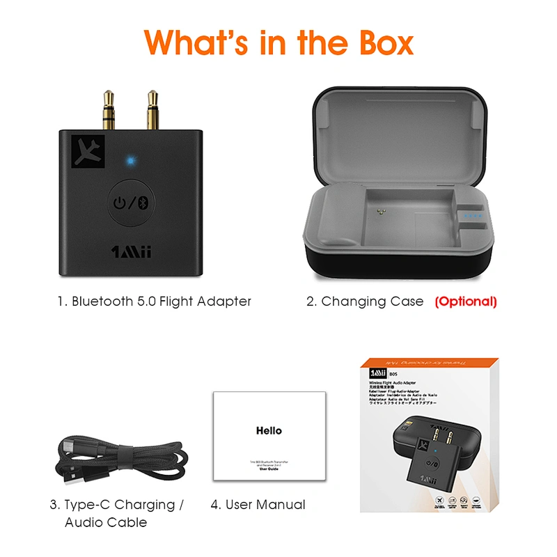 1Mii Bluetooth 5.0 Airplane Audio Transmitter with aptX HD/LL, Bluetooth Audio Adapter with Charging Cabin