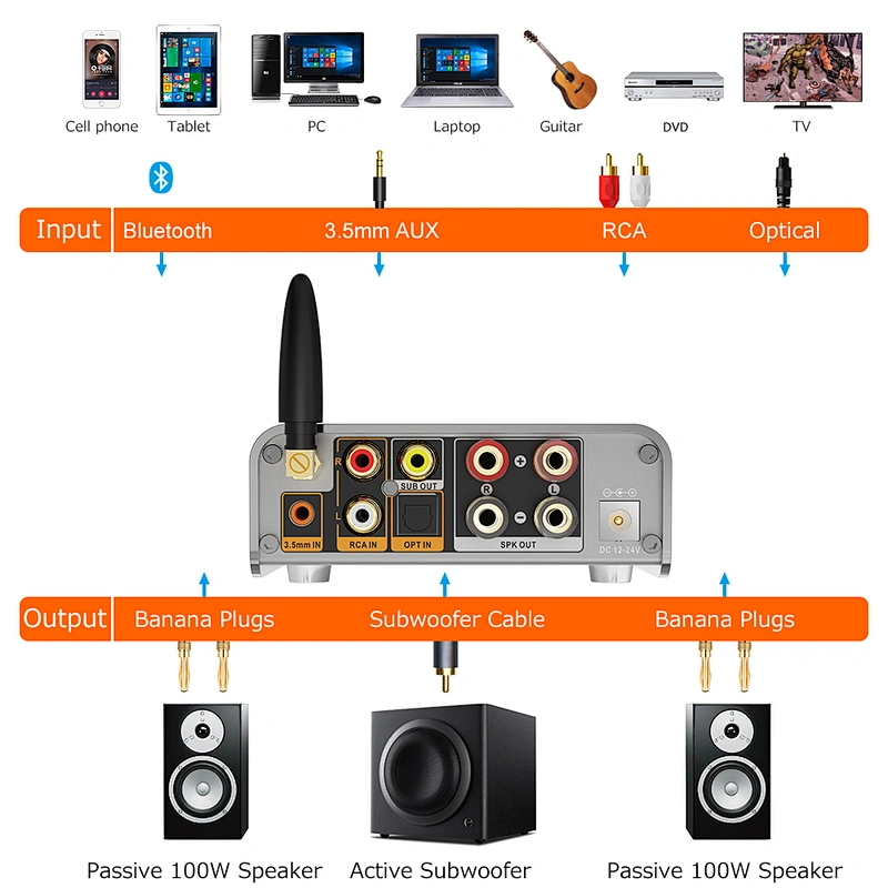 1Mii DS300 HiFi Bluetooth 5.0 Digital Amplifier Receiver 100W RMS X 2 Speakers 24V Power Adapter