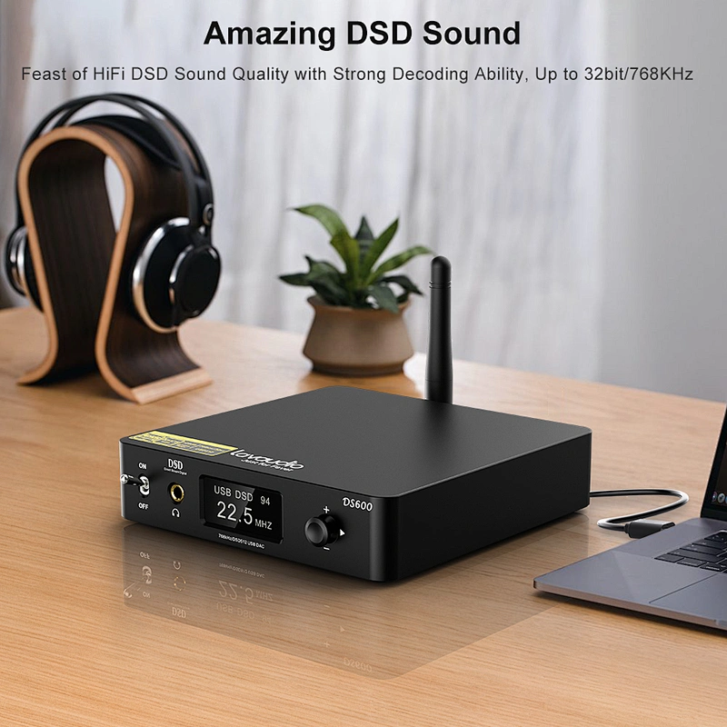 1Mii DS600 LDAC Audio Decoder HiFi Bluetooth 5.0 Receiver DAC& AptX HD, USB DAC for PC Headphone Amp 3.5mm, Dual ES9038Q2M XMOS DSD512 32Bit/768Khz, USB/Optical/Coaxial Input, RCA Out for Home Stereo
