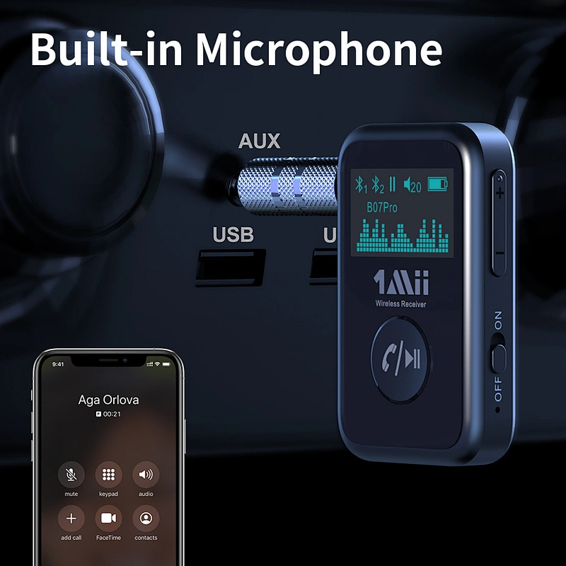 1Mii Bluetooth 5.0 Music Receiver with OLED Display, Aux Bluetooth Adapter for Car/Home Stereo/Speakers, Hands-Free Call, Dual Connection and Long Battery Life