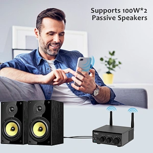 Bluetooth Amplifier, 1Mii Bluetooth Digital Amplifier, Bluetooth 5.0 Stereo Audio Amplifier Receiver Long Range 2.1 Channel Mini Hi-Fi Amp for Home Speakers 100W x 2 w/Bass & Treble Control