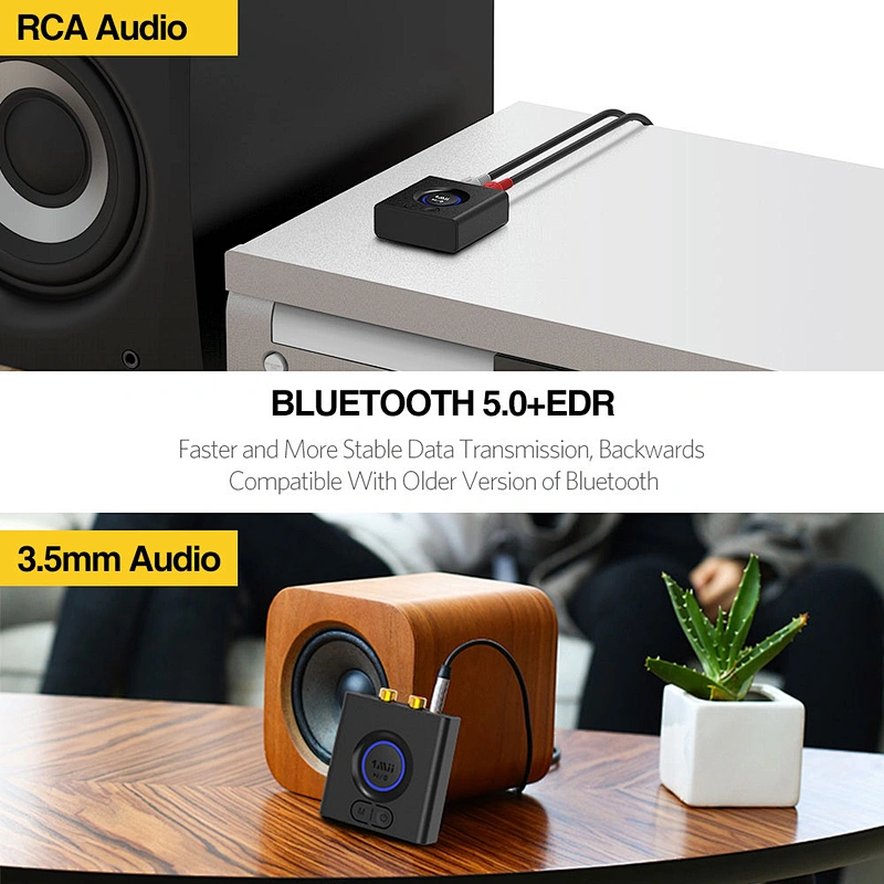 1Mii Bluetooth 5.0 Audio Receiver, AUX/3.5mm RCA Audio Adapter for Home Stereo Music Streaming System, Bass Mode, 12hrs Playtime