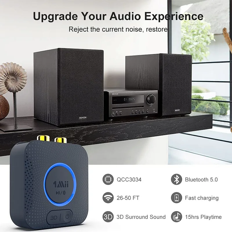 1Mii Bluetooth Audio Receiver Adapter, aptX HD Bluetooth Adapter Stereo Receiver for Music Streaming System with 3.5mm/RCA, aptX Low Latency 3D Surround Long Range