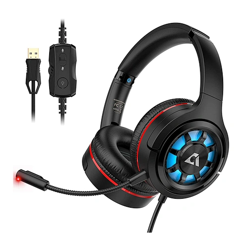 USB Gaming Headset for PC Laptop PS4/PS5 w/Virtual 7.1 Stereo 3D Surround Sound, 50mm Drivers USB Gaming Headphones Detachable Mic, RGB LED Light, Volume Control PC Gaming Headset