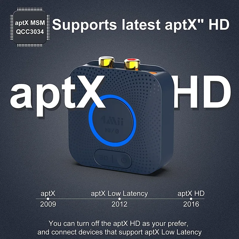 1Mii Bluetooth Audio Receiver Adapter, aptX HD Bluetooth Adapter Stereo Receiver for Music Streaming System with 3.5mm/RCA, aptX Low Latency 3D Surround Long Range