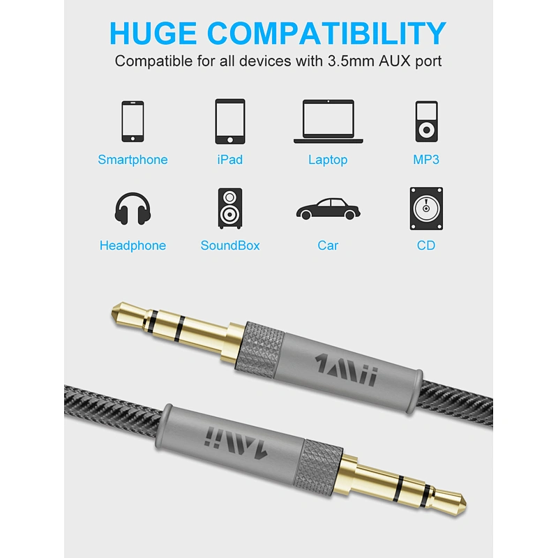 1Mii (3.3ft) 3.5mm AUX Audio Cable Male to Male Nylon Braided, Hi-Fi Sound Auxiliary Extension Cable for Headphones