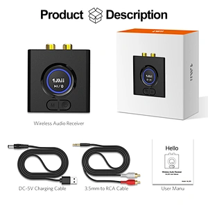 1Mii Bluetooth 5.0 Audio Receiver, AUX/3.5mm RCA Audio Adapter for Home Stereo Music Streaming System, Bass Mode, 12hrs Playtime