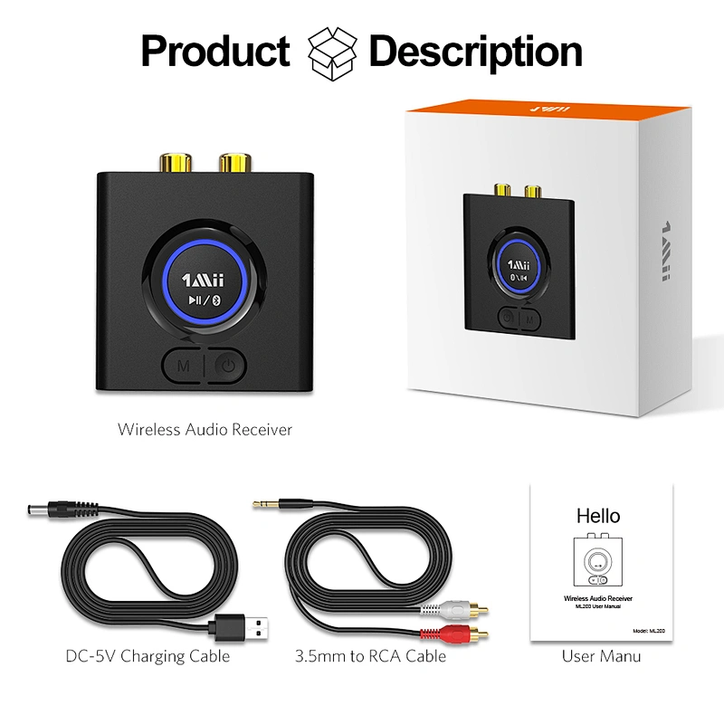 1Mii Bluetooth 5.0 Audio Receiver, AUX/3.5mm RCA Audio Adapter for Home Stereo Music Streaming System, Bass Mode, 12hrs Playtime