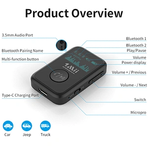 1Mii Bluetooth 5.0 Music Receiver with OLED Display, Aux Bluetooth Adapter for Car/Home Stereo/Speakers, Hands-Free Call, Dual Connection and Long Battery Life