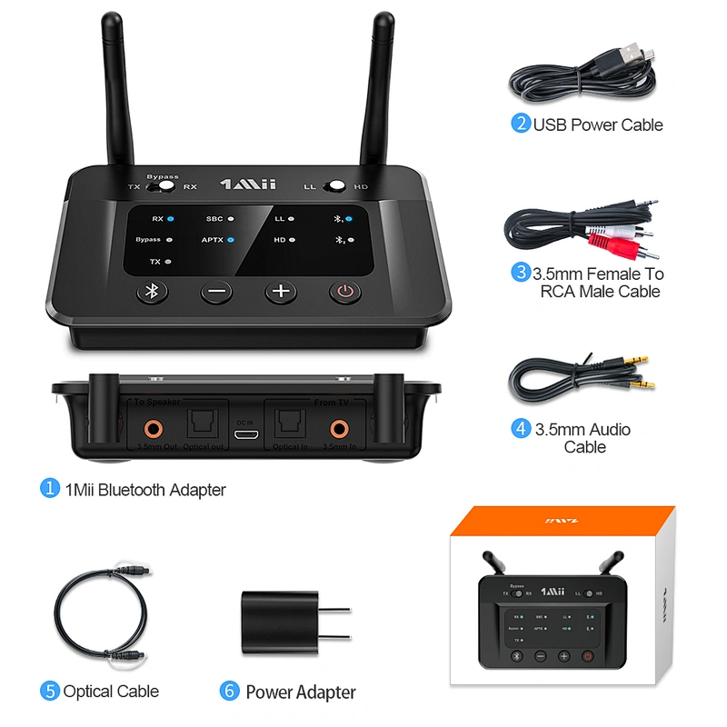 1Mii 2-in-1 Bluetooth Audio Adapter, Wireless Receiver and Transmitter with aptX HD / atpX Low Latency, Dual Link for TV