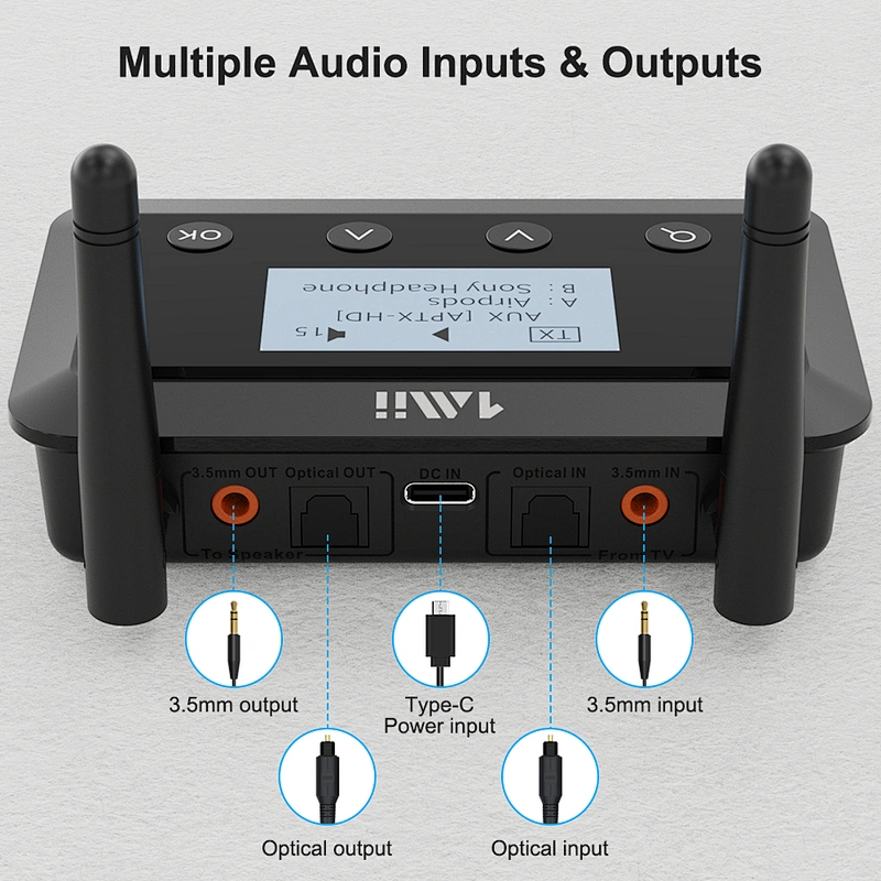 1Mii B03+ Bluetooth Transmitter Receiver for TV Home Stereo, Long Range Wireless Bluetooth Adapter for TV Audio with Screen, aptX Low Latency & HD