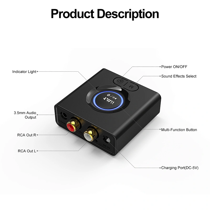 1Mii Bluetooth 5.0 Audio Receiver, AUX/3.5mm RCA Audio Adapter for Home Stereo Music Streaming System, Bass Mode, 12hrs Playtime