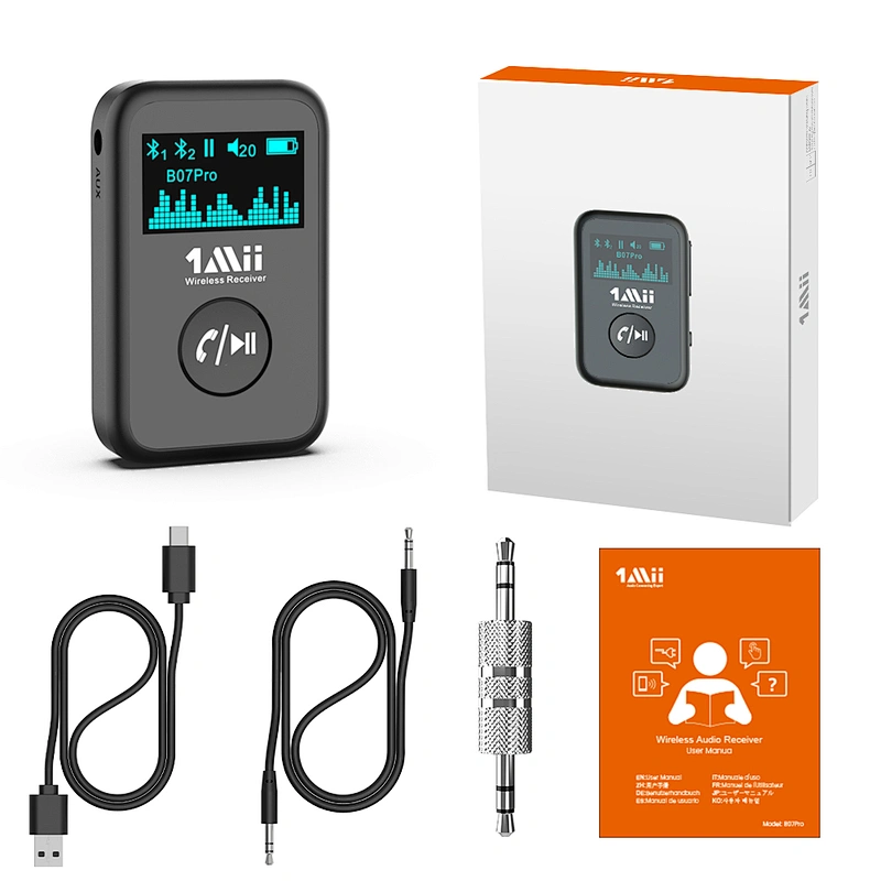 1Mii Bluetooth 5.0 Music Receiver with OLED Display, Aux Bluetooth Adapter for Car/Home Stereo/Speakers, Hands-Free Call, Dual Connection and Long Battery Life