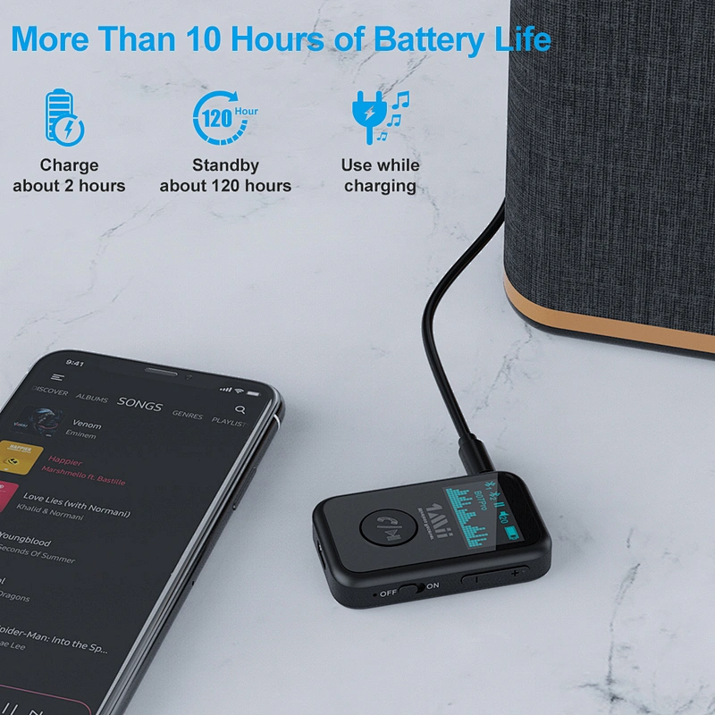 1Mii Bluetooth 5.0 Music Receiver with OLED Display, Aux Bluetooth Adapter for Car/Home Stereo/Speakers, Hands-Free Call, Dual Connection and Long Battery Life
