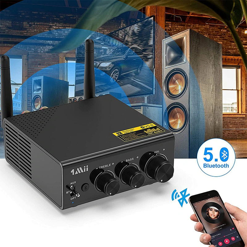 Bluetooth Amplifier, 1Mii Bluetooth Digital Amplifier, Bluetooth 5.0 Stereo Audio Amplifier Receiver Long Range 2.1 Channel Mini Hi-Fi Amp for Home Speakers 100W x 2 w/Bass & Treble Control