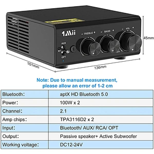 Bluetooth Amplifier, 1Mii Bluetooth Digital Amplifier, Bluetooth 5.0 Stereo Audio Amplifier Receiver Long Range 2.1 Channel Mini Hi-Fi Amp for Home Speakers 100W x 2 w/Bass & Treble Control
