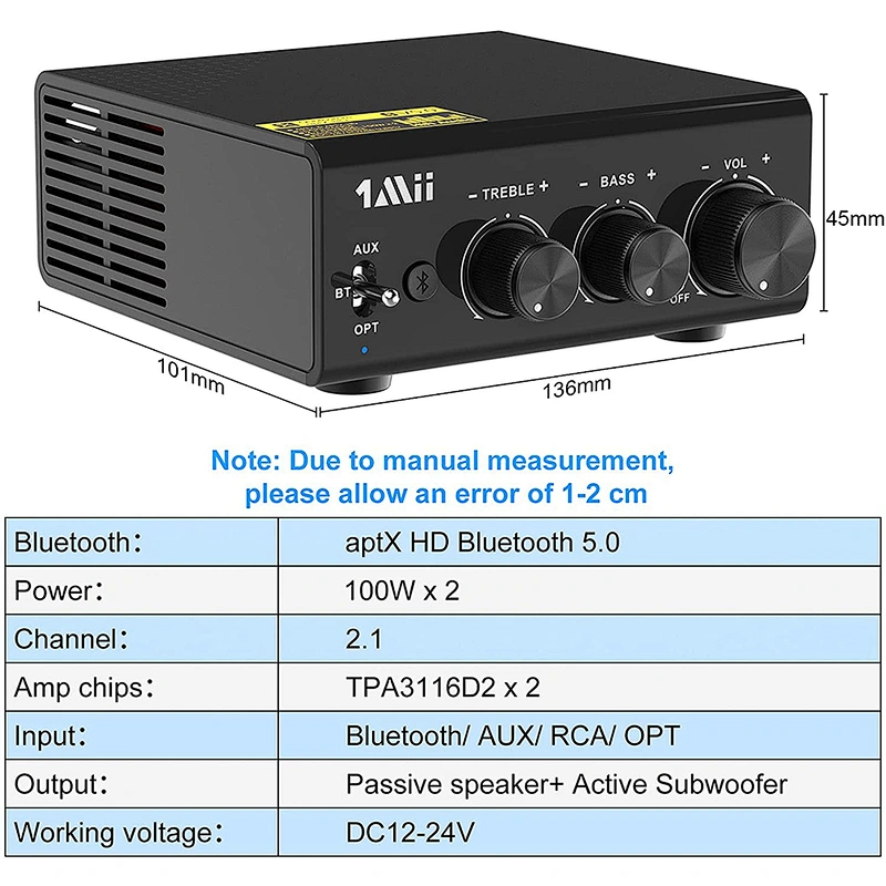 Bluetooth Amplifier, 1Mii Bluetooth Digital Amplifier, Bluetooth 5.0 Stereo Audio Amplifier Receiver Long Range 2.1 Channel Mini Hi-Fi Amp for Home Speakers 100W x 2 w/Bass & Treble Control