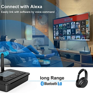 1Mii B03+ Bluetooth Transmitter Receiver for TV Home Stereo, Long Range Wireless Bluetooth Adapter for TV Audio with Screen, aptX Low Latency & HD