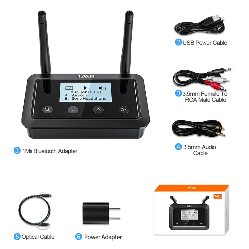 1Mii B03+ Bluetooth Transmitter Receiver for TV Home Stereo, Long Range Wireless Bluetooth Adapter for TV Audio with Screen, aptX Low Latency & HD