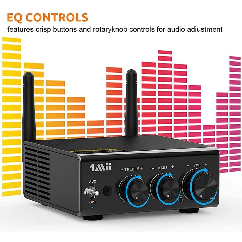 Bluetooth Amplifier, 1Mii Bluetooth Digital Amplifier, Bluetooth 5.0 Stereo Audio Amplifier Receiver Long Range 2.1 Channel Mini Hi-Fi Amp for Home Speakers 100W x 2 w/Bass & Treble Control