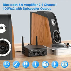 Bluetooth Amplifier, 1Mii Bluetooth Digital Amplifier, Bluetooth 5.0 Stereo Audio Amplifier Receiver Long Range 2.1 Channel Mini Hi-Fi Amp for Home Speakers 100W x 2 w/Bass & Treble Control