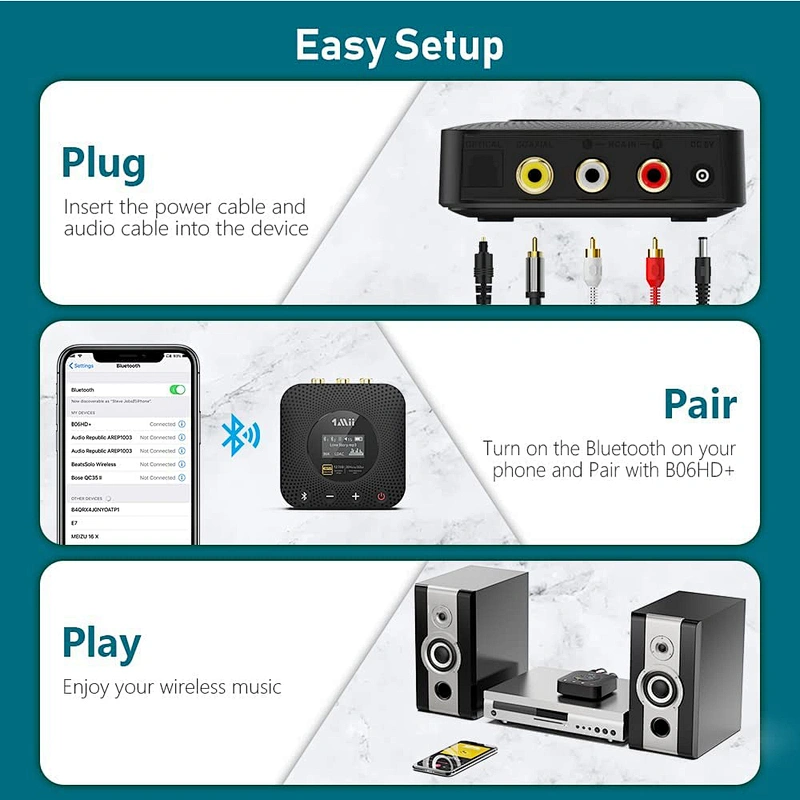 1Mii B06HD+ Bluetooth Receiver, HiFi Bluetooth 5.0 Audio Adapter w/ Audiophile DAC, LDAC, aptX HD & Low Latency, Volume Control & OLED Display for Home Stereo AV Receiver/Stereo Amplifier