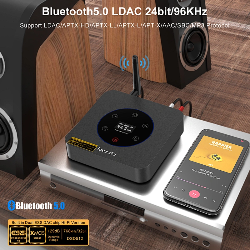 1Mii DS601 Bluetooth 5.0 Audio Decoder, HiFi LDAC aptX HD, USB DAC w/ Touchscreen for Home Stereo AV Receiver / Amplifier ES9038Q2M*2 XMOS XU208 DSD512 PCM32Bit/768Khz RCA Out