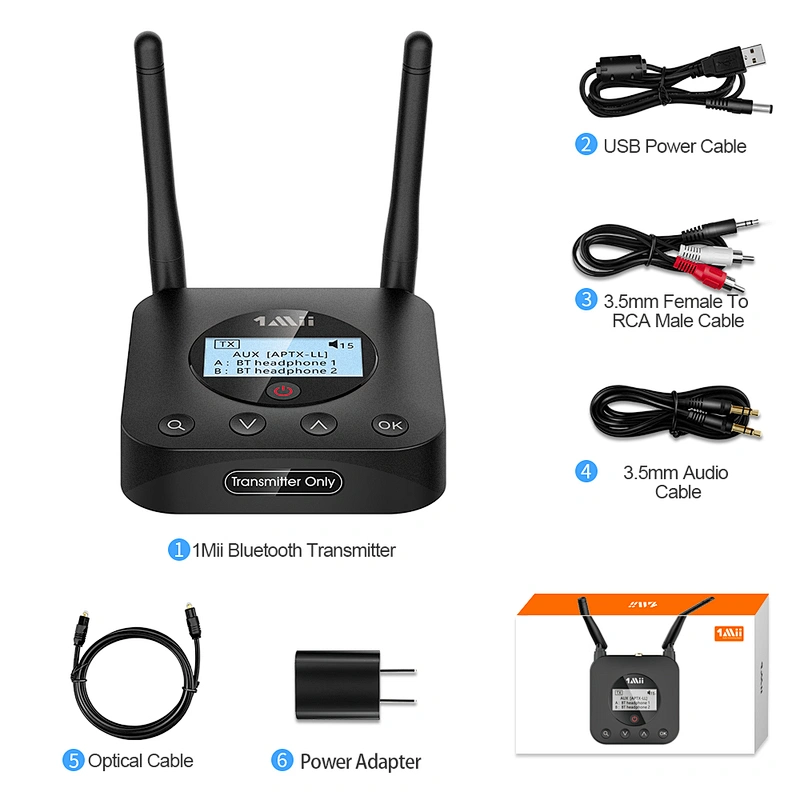 1Mii B06TX+ Long Range Bluetooth 5.0 Transmitter for TV /PC/Projector to 2 Wireless Headphones/Speakers, Bluetooth Adapter for TV w/ Screen Display Plug n Play, aptX Low Latency & HD Audio