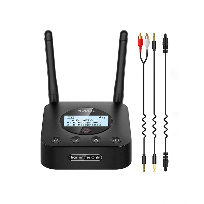 1Mii B06TX+ Long Range Bluetooth 5.0 Transmitter for TV /PC/Projector to 2 Wireless Headphones/Speakers, Bluetooth Adapter for TV w/ Screen Display Plug n Play, aptX Low Latency & HD Audio