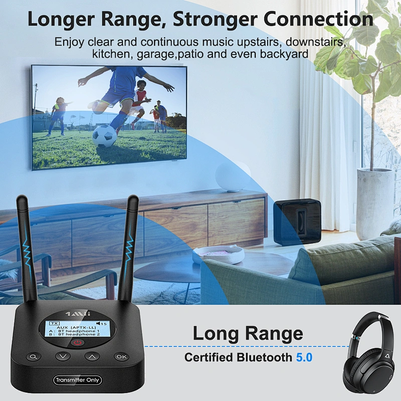 1Mii B06TX+ Long Range Bluetooth 5.0 Transmitter for TV /PC/Projector to 2 Wireless Headphones/Speakers, Bluetooth Adapter for TV w/ Screen Display Plug n Play, aptX Low Latency & HD Audio