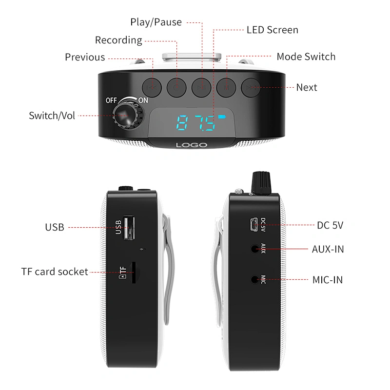 1800mAh Rechargeable 10W Power Wired Voice Amplifier with Bluetooth 5.0 Speaker and Acoustic Microphone for Teaching, Meeting